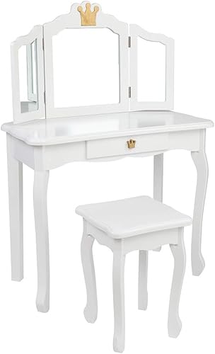 Miniatura 19 de AOCOROE Juego de mesa de tocador y taburete para niños con espejo, tocador de maquillaje de princesa 2 en 1 con cajón y parte superior desmontable,