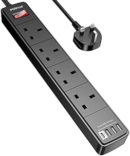 Extension Lead with 4 USB Slots (3.4A, 1 Type C and 3 USB-A Ports) ,POWSAF Power Strip Extension cord with 4 way plug extension Socket and 2M Extension Cable for Home Office Travel,Black