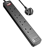 POWSAF Extension Lead with 4 USB Slots (3.4A, 1C and 3A Ports),Power Strip Extension cord with 4 way plug extension Socket and 2M Extension Cable for Home Office Travel holiday essentials,Black - Image 1