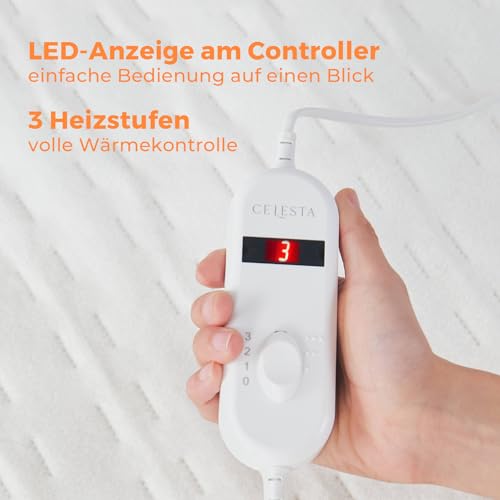 CELESTA Wärmeunterbett 150x80cm, Heizdecke mit 3 Temperaturstufen, LED-Controller & Überhitzungsschutz, maschinenwaschbar & atmungsaktiv, Weiß