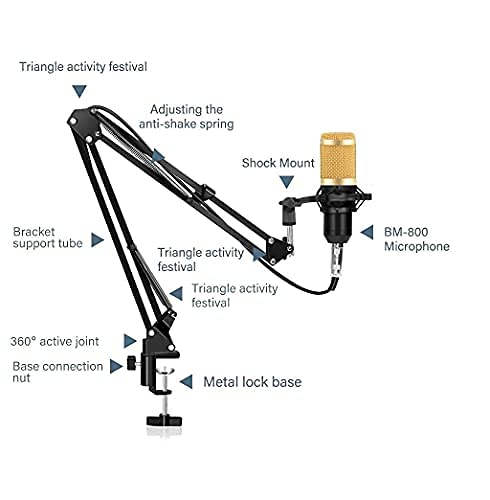 Image of ZHIZUKA BM800 Condenser Microphone Adjustable Boom Arm + Shock Mount + Pop Filter | Recording, Podcast, Streaming, Voice Overs, Singing, YouTube | Mobile, PC, MAC, PS4 | Need additional 48V Phantom Power | 3.5mm Mic - Gold