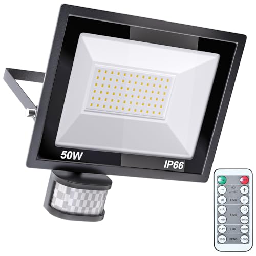 MIHEAL 50W Motion Sensor Outdoor Lights, 4500LM LED Security Lights Motion Sensor Light Outdoor, IP66Waterproof LED Flood Light, Remote Control, 3 Mode IP66 Exterior Floodlight for Yard