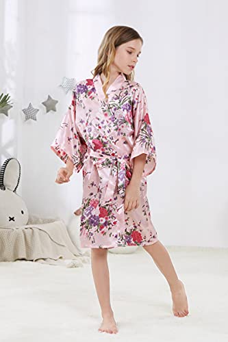 Alhavone Girl's Kid's Silky Satin Floral Short Kimono Robe For Wedding Birthday Party Spa (Floral-Pink, Tag 8) #TOP2