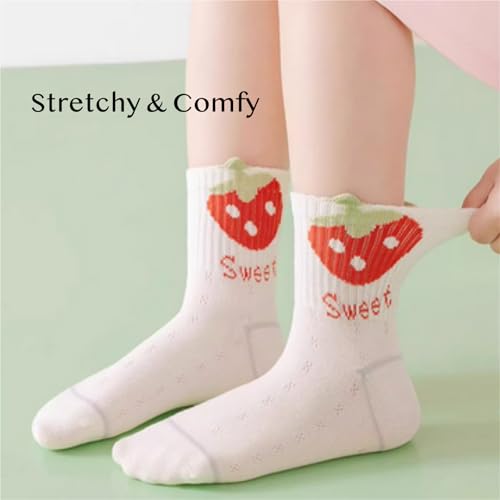 Girls' Summer Thin Cotton Mesh Socks 5 Pairs, 3-16 Years Olds Cute Cartoon Strawberry Bunny Cat Mid-calf Socks4