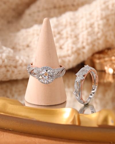 Image of Jeulia 4 Carat Openwork Ring Sets for Women 925 Sterling Silver Wedding Sets Rose Gold Round Cut Halo Engagement Ring White Diamond band CZ Solitaire Anniversary Promise Rings