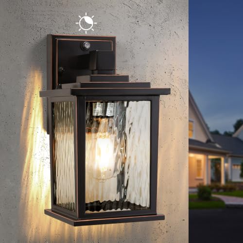 Image of Dusk to Dawn Outdoor Light Fixture, Oil-Rubbed Bronze Porch Light | 12'' Aluminum Outside Wall Lantern with Water Ripple Glass, Hardwired Exterior Sconce for Patio Garage, Bulb Not Included