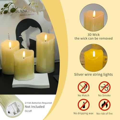 Image of 3Pcs Real Wax 3D Flickering Flameless LED Candles for Home Wedding Decor. | Real wax LED candles 4 inch /5 inch /6 inch, battery‑powered. Features 3D flicker, remote & timer, safe for table & indoor decor.