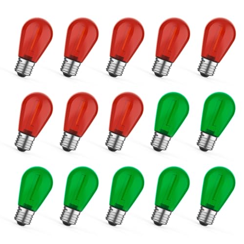 Image of GvvooHome 15 Pack S14 LED Edison String Light Bulbs Red&Green, Shatterproof Vintage 1W Bulbs for Patio Garden Lighting, E26 Medium Base