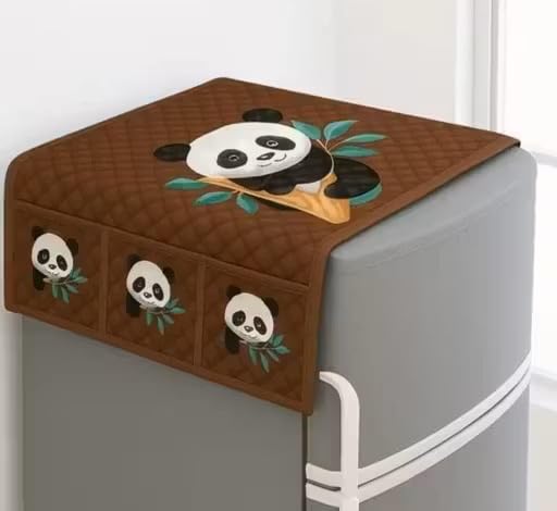 Image of STOREUP double Door or Single Door Fridge Cover | solid Print Fridge Cover With Side Pockets|Fridge Top Cover|Refrigerator Cover|Washable Cotton Material|6 Utility Pockets (BROWN PANDA)