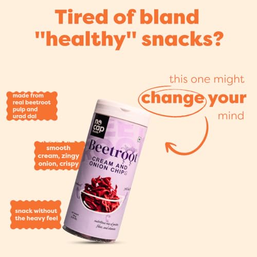 Image of NoCap Zero Guilt Healthy Beetroot Chips | No Palm Oil, No Transfat & Cholesterol | Mad Tasty |Cream & Onion Flavour| Made with 50% Real Beetroot | 3 Packs (150g Each)