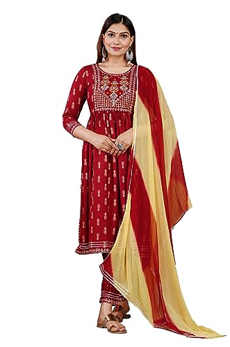 Indische Damen-Kurti-Hose aus Rayon mit Batikfärbung, Nazmen Dupatta, gebrauchsfertig, Salwar-Anzugkleid, kastanienbraunes Stickkleid,...