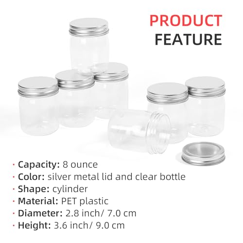 OMNISAFE 8 Ounce Clear Plastic Mason Jars With Screw On Lid, Reusable Empty Jars for Food Storage, Round BPA Free Containers for Sealing, Dry Food, Snacks, Candies, Breakage-proof, (Silver - 32 Pack) by OMNISAFE - Image 2