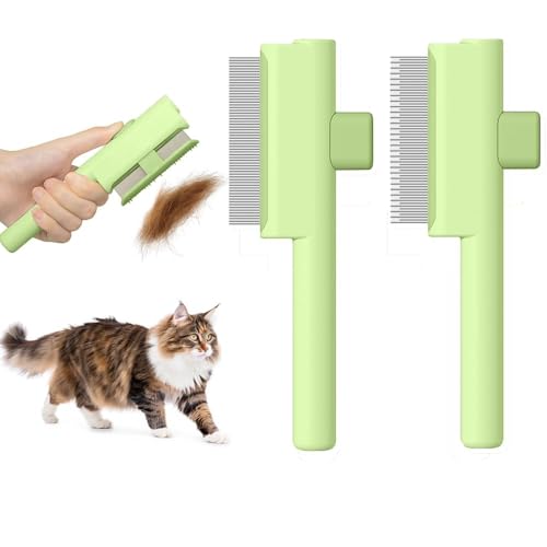 Marchul 2Pcs Cat Comb Flea Comb Set, Self-Cleaning Flea Comb for Cats and Dogs, Cat Grooming Brush with Release Button and Stainless Steel Metal Round Teeth for Removing Matted & Loose Fur, Green