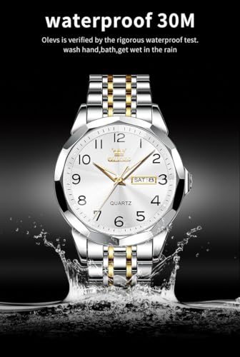 OLEVS Men's Watch Luxury Business Dress Watch UK Diamond Design Quartz Stainless Steel Waterproof Luminous Week Calendar Gift