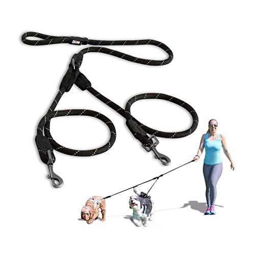 Pawtitas Double Leash for Two Dogs Great for Walking & Training Comfortable Shock Absorbing Reflective Pet Rope Leash for 2 Dogs 6ft - Extra Small/Small - Black