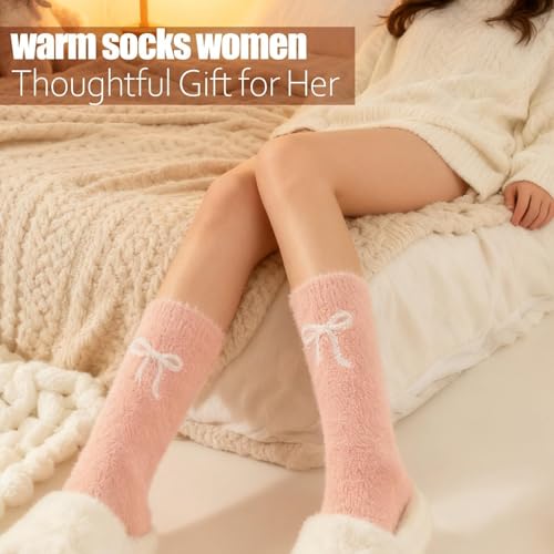 5Pairs Womens Fluffy Socks Womens 4-7 with Bows, Pink Cosy Socks for Women, Bed SoCks for Women, Fuzzy Sockset Winter SoCKs Womens White Fluffy Socks Ladies SOCKs Suitable for Home Slipper Warm Socks - Image 5