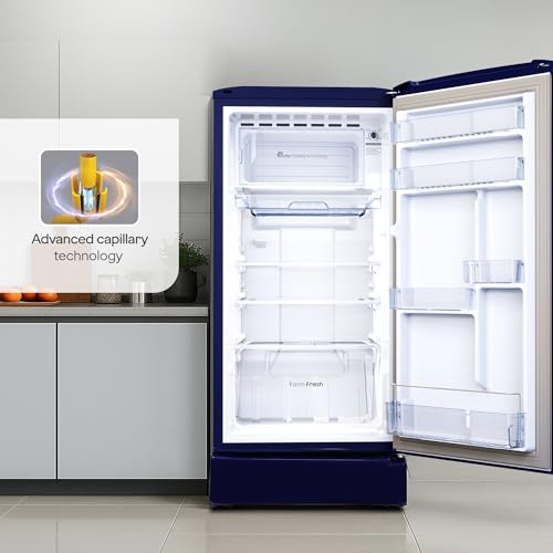 Godrej 183 L 3 Star | Toughened Glass Shelves | 24 Day Farm Freshness | Jumbo Vegetable Tray | Turbo Cooling Technology | Direct Cool Single Door Refrigerator (RD R190C THF FR BL, Floral Blue)