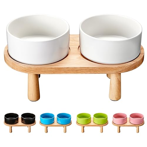 MOPANG Ciotole Rialzate in Ceramica per Cani, Set di Ciotole per Cibo e Acqua, Ciotole Rialzate per Cani con Supporto in Legno (Bianco+Supporto, 400ml)