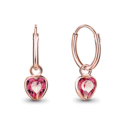 DTPsilver® Boucles d'oreilles PETITES Créoles en Argent Fin 925 Plaqué Or Rose avec Cristaux de Swarovski® Elements en Forme de Coeur - Diamètre 12 mm - Diamètre 12 mm - Couleur: Rosé