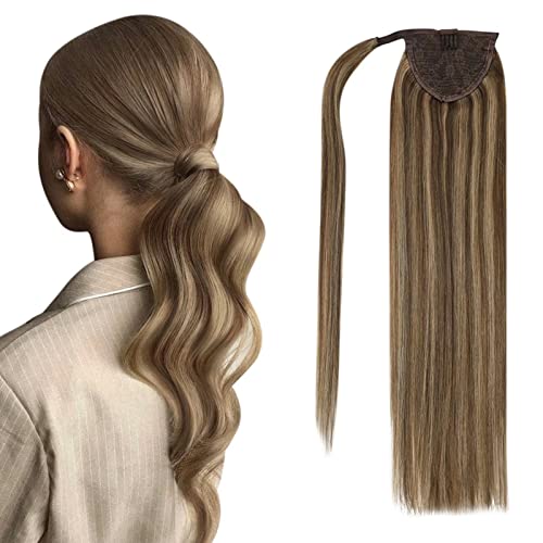 Vesunny Ponytail Human Hair Extensions Brown Highlight Real Hair Ponytail Extensions Highlight Dark Brown Mixed Caramel Blonde Ponytail Hair Extensions Human Hair Straight 80g 22inches