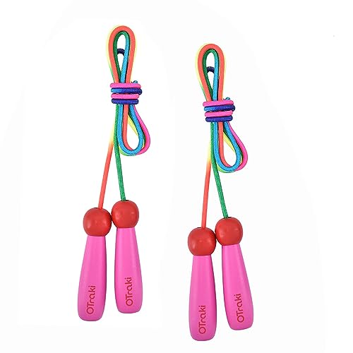 OTraki Corda saltar crianças 2 pack bomba crianças de 2 m ajustável com cabo de madeira e com cordão de algodão Skipping Rope Kids para rodas idades Jump Ropes para atividade ao ar livre rosa