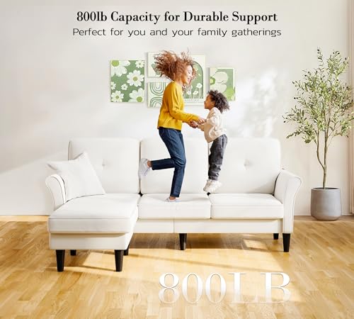Image of Small Sectional Couch, 83 inch L Shaped Couch, Comfy Velvet Couches for Living Room, Tool-Free Setup Modular Sectional Sofa, 850lbs Load Sofas for Living Room with 1 Movable Ottoman, White Couch