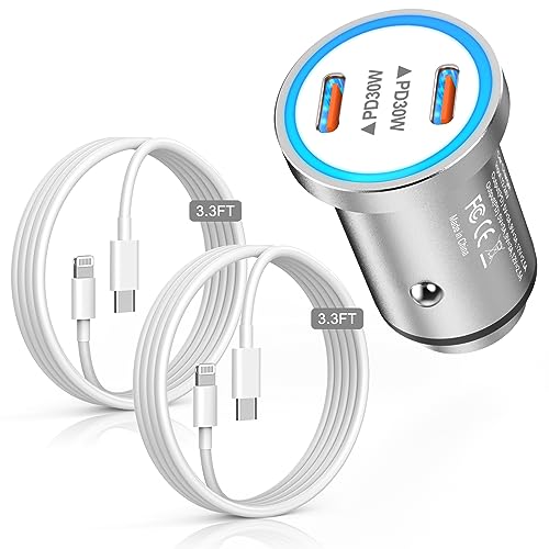 [MFi Certified] iPhone Car Charger,60W Compact Dual Port USB C Fast Car Charger Adapter All Metal with 2Pack 3.3Ft Type C to Lightning Cable for iPhone 14 13 12 11 Pro Max/XR/8/SE/iPad,AirPods