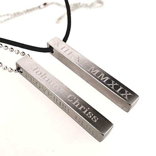 Personalized Bar Necklace - Four Sides Engraved Pendant Necklace For Men - Custom Roman Date Vertical Pendant - Mens Gift #TOP7