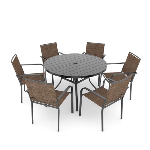 Image of Anmutig 7 Piece Patio Dining Set 48 Inch Round Table Stackable Chairs Brown | Powder-Coated Steel Frame, Quick-Dry Textilene Mesh, Dual-Size Umbrella Hole, Weather Resistant, Patio, Garden, Backyard