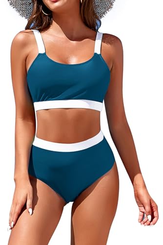Image of Womens High Waisted Bikini Sets Sporty Crop Top Color Block Swimwear Bandeau Scoop Neck Vintage Two Piece Bathing Suits