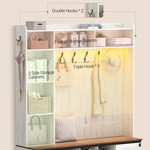 Hzuaneri 59.8" Hall Tree, LED Farmhouse Entryway Storage and Coat Rack Wood, Entryway Furniture with 7 Hooks, Hall Tree with Bench and Storage, 6 Storages Partitions Shoe Bench, Rustic White HT24814B