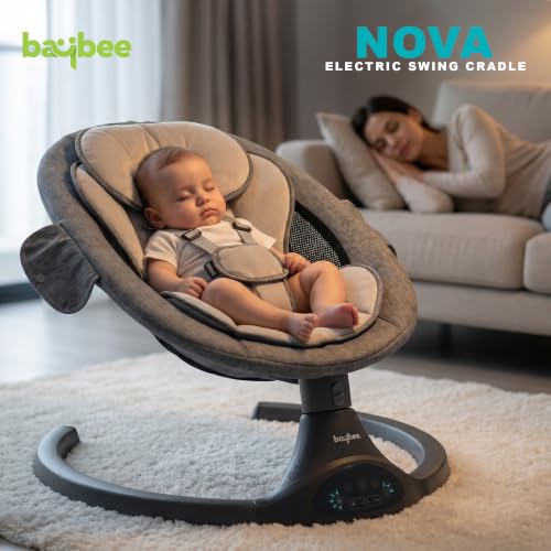 Image of Baybee Electric Baby Swing with Adjustable Speed & Soothing Music | Baby Relaxing Swing Jhula with Mosquito Net, Safety Belt & Removable Toy | Rocking Function Cradle for New Born Babies (Black)