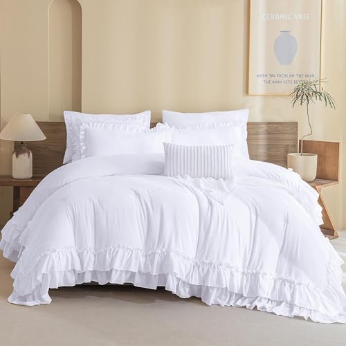 Image of QSH White Ruffled Comforter Twin Size,3PCs Farmhouse Shabby Boho Chic White Bedding Comforter Twin Vintage Lightweight Fluffy Microfiber Bedding Set