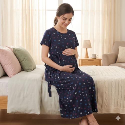 Image of Zero Clothing Feeding Dress for New Moms Casual Loungewear Ankle Length | Cotton Maternity Nighty | Zipless Feeding Dresses for Women | Pregnancy & Nursing Wear