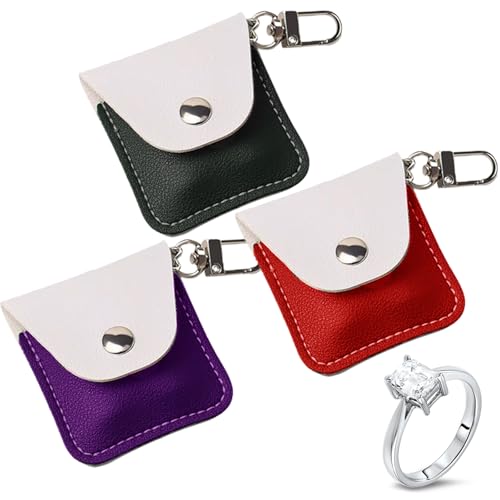 KONIDUN 3-Pack Leather Ring Holder Keychain for Gym, Portable Jewelry Travel Keeper Case for Wedding and Necklaces, Mini Coin Pouch for Women
