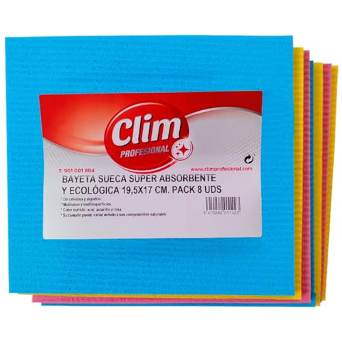 Clim Profesional - 8 Bayeta Sueca Extra Absorbentes y Ecológicas | Paquete 8 paños Multicolores: Azul, Amarillo y Rosa | De Celulosa y Algodón para Multisuperficies
