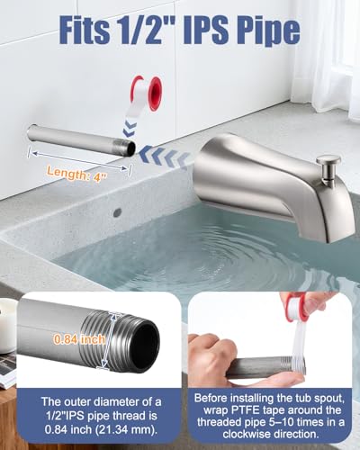 Fosenlion Universal Bathtub Tub Spout with Diverter, Wall Front Mount Tub Faucet Spout 1/2\" IPS Thread, Compatible with Westbrass E531D-1F-62 Replacement (Brushed Nickel)
