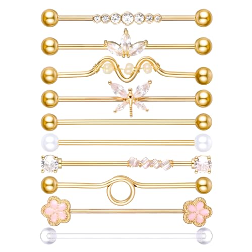 10Pcs 14G Industrial Piercing Jewelry Surgical Steel Industrial Barbell Earrings Cartilage Helix Piercing Earrings for Women Men