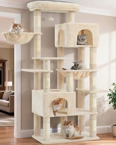 Image of Heybly Cat Tree, 76-Inch Tall Heavy Duty Cat Tower for Big Cats HCT039M | Multi-Level Large Cat Furniture with Extra Wide Baseboard, 2 Condos & 2 Hammocks, 10 Scratching Posts, Beige