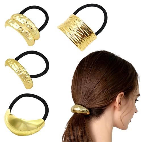 Sekfpnk 4 Stück Haarmanschetten für Pferdeschwanz, Elastisches Haargummi aus Metall, Haarschmuck Gold, Geeignet für Den Alltag von Frauen und Mädchen, Mit Verschiedenen Frisuren