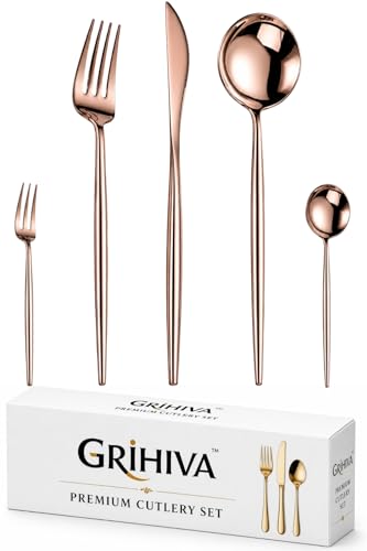 GRIHIVA 5 Pcs Rosegold Cutlery Set for Dining Table the Perfect Lightweight Silim Handle Tableware Including Dinner Spoon, Dinner Fork, Dinner Knife, Dessert Spoon & Dessert Fork