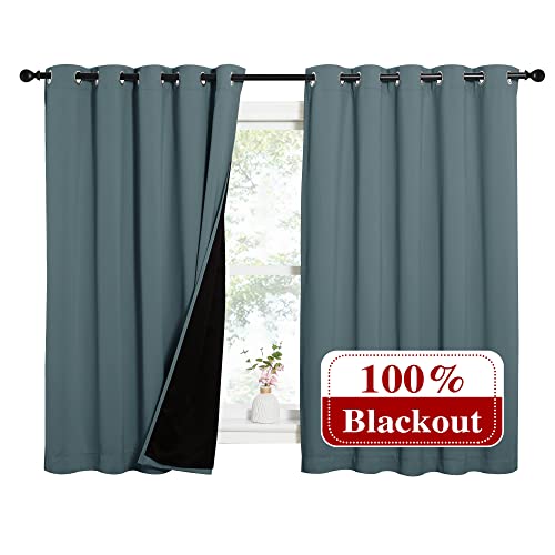 Image of NICETOWN Greyish Green 100% Blackout Lined Curtains, 2 Thick Layers Completely Blackout Window Treatment Thermal Insulated Drapes for Kitchen /Bedroom (1 Pair, 62 inch Width x 63 inch Length per Panel)