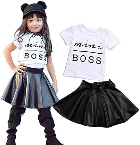LXXIASHI 2Pcs Toddler Baby Girl Letters Printed Short Sleeve T-Shirt + Pleated A-line Leather Skirt Outfits Clothing Set (Black, 1-2 Years)