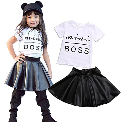 Lxxiashi 2Pcs Toddler Baby Girl Letters Printed Short Sleeve T-Shirt + Pleated A-Line Leather Skirt Outfits Clothing Set (Black, 1-2 Years) #TOP11