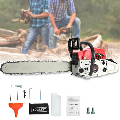 Gas Powered Chainsaw, 58CC 2-Stroke Gas Chainsaw 20 Inch, 13000RPM Chainsaw Gas Powered, Anti-rust Gas Chainsaws for Wood Cutting Shipping from US (Red 58CC)