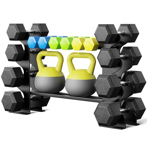 Soporte para mancuernas de 4 niveles para gimnasio en casa, estante compacto para mancuernas, pesas libres, estante de almacenamiento de acero resistente para neopreno y mancuernas hexagonales