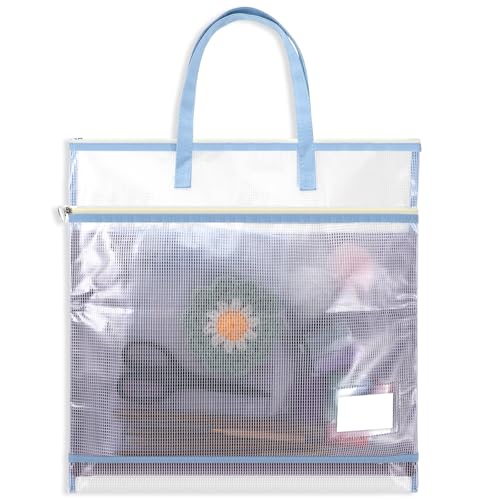 Image of 16.5 Inch Sew Project Bag Sew Quilting Storage Bags with Zipper Portable Embroidery Craft Organizer Storage Bag Mesh Vinyl Zipper Pouch for Art and Wearable Craft