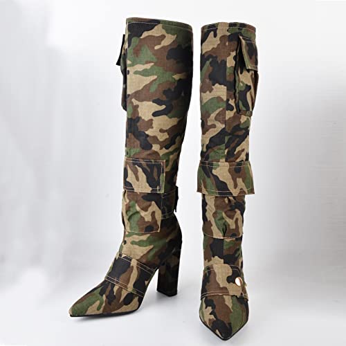Arqa Women's Camo Knee High Boots Pointed Toe Block Heel Camouflage Boot with Metal Buttons Multiple Pockets Boot4