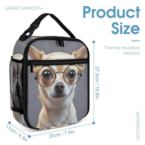 Chihuahua Dog Glasses Backpack Set 3 Piece, Durable Backpack Insulated Lunch Bag Portable Pencil Case for Men Women4