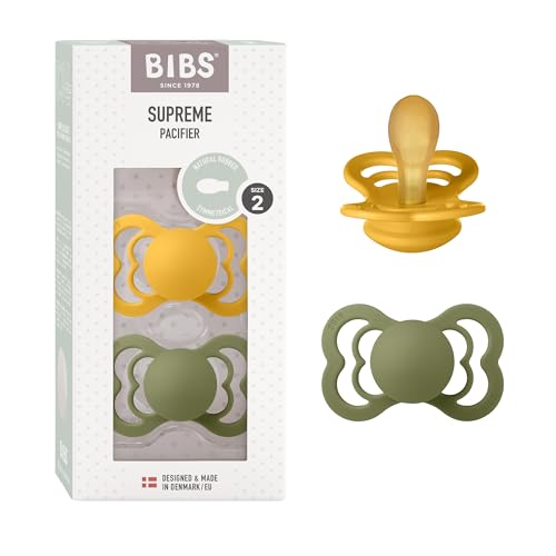 BIBS Supreme Schnuller 2er-Pack, BPA-frei, Symmetrischer Nippel. Naturkautschuk/Latex, Hergestellt in Dänemark. 6-18 Monate (2er Pack), Honey Bee/Olive